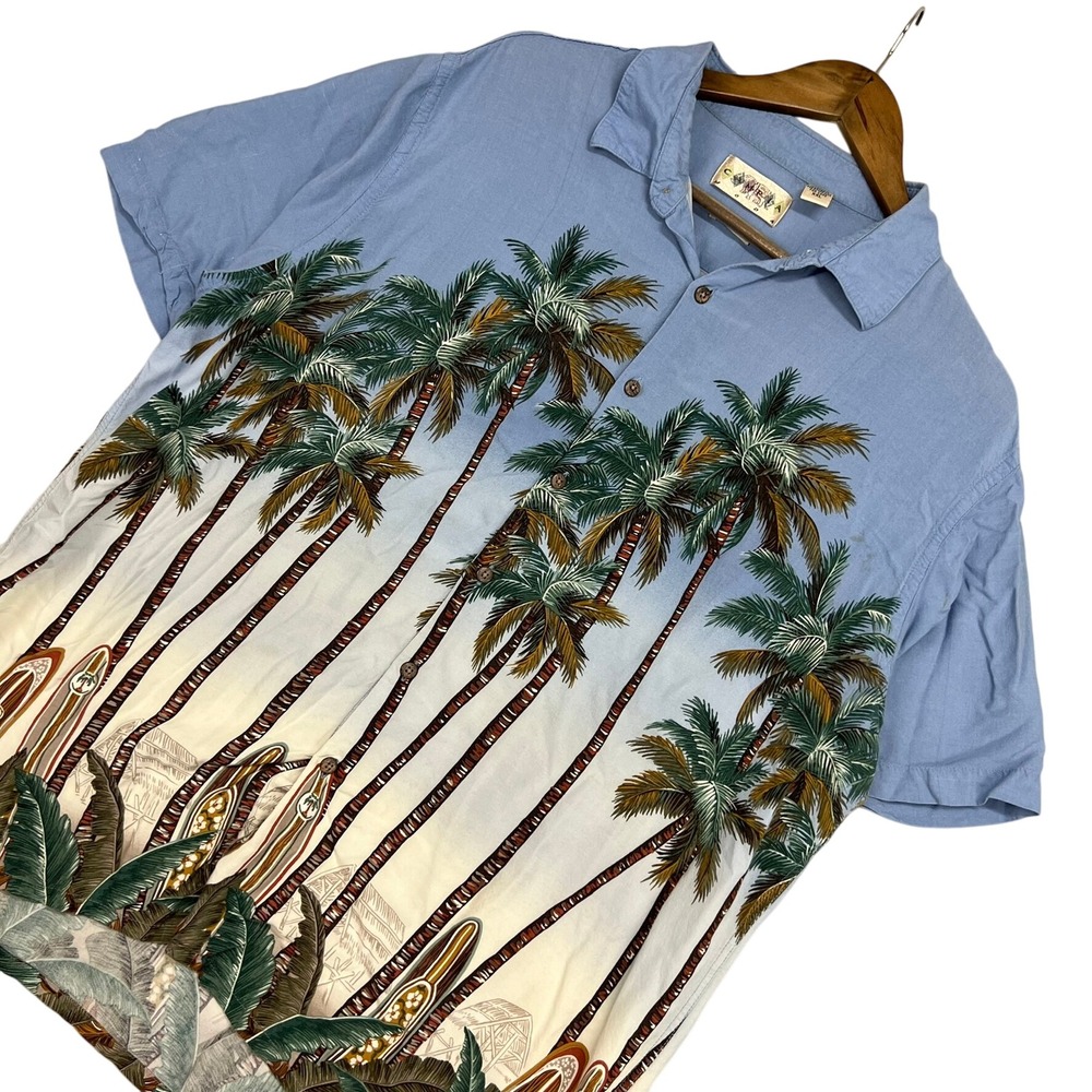 Vintage Campia Moda Hawaiian Shirt Palm Tree Surfboard Rayon Button Up‎ Mens XXL